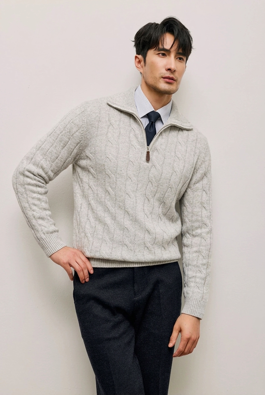 Men's Cable Knit Quarter-Zip Sweater Long Sleeve Classic Pullover - Image 2