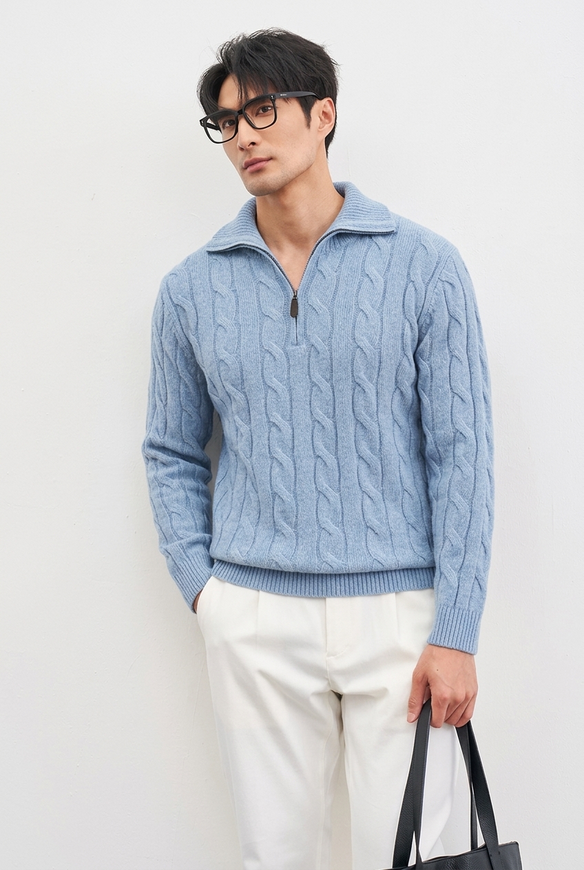 Men's Cable Knit Quarter-Zip Sweater Long Sleeve Classic Pullover - Image 3